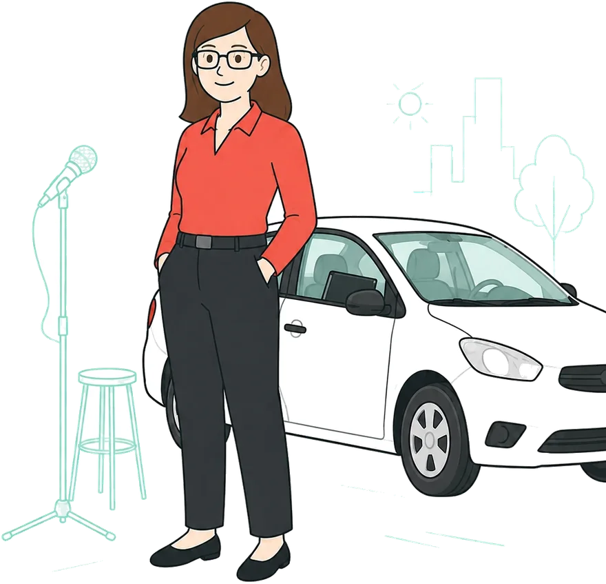 Fernanda em pé ao lado do carro alugado, na rua