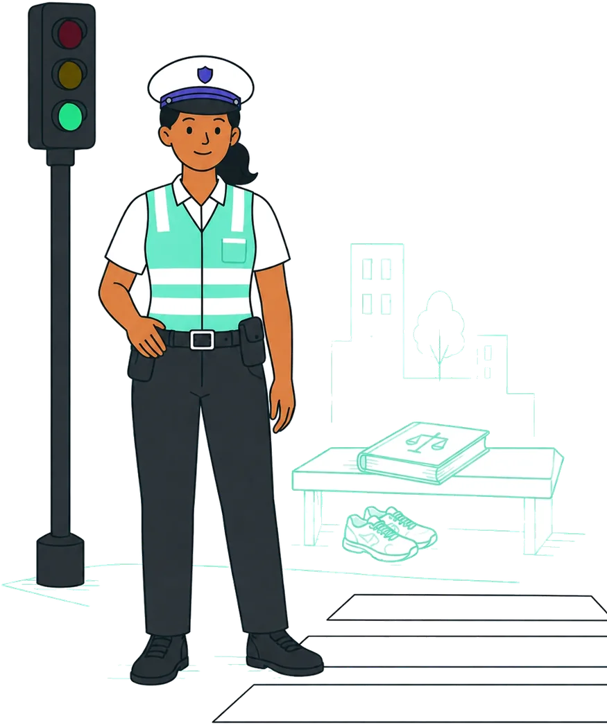 Maria em pé de uniforme, orientando o trânsito